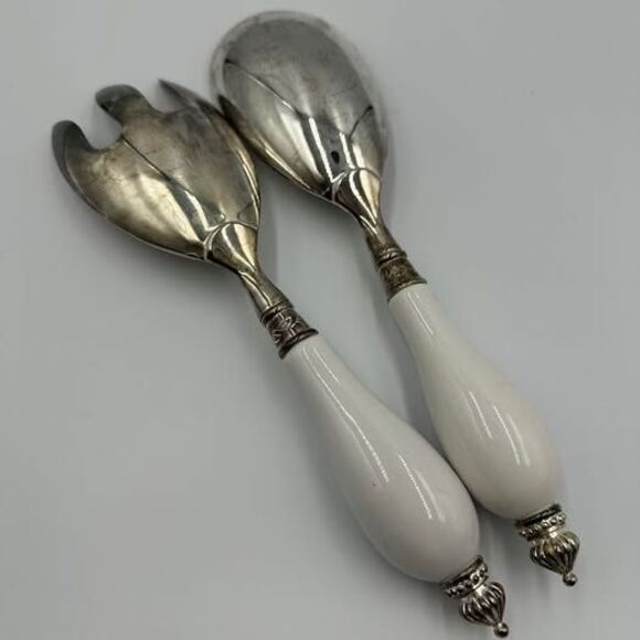 Vintage Godinger Art Co. Silver Plated Salad Serving Set of 2 Ceramic Handles - Picture 5 of 9